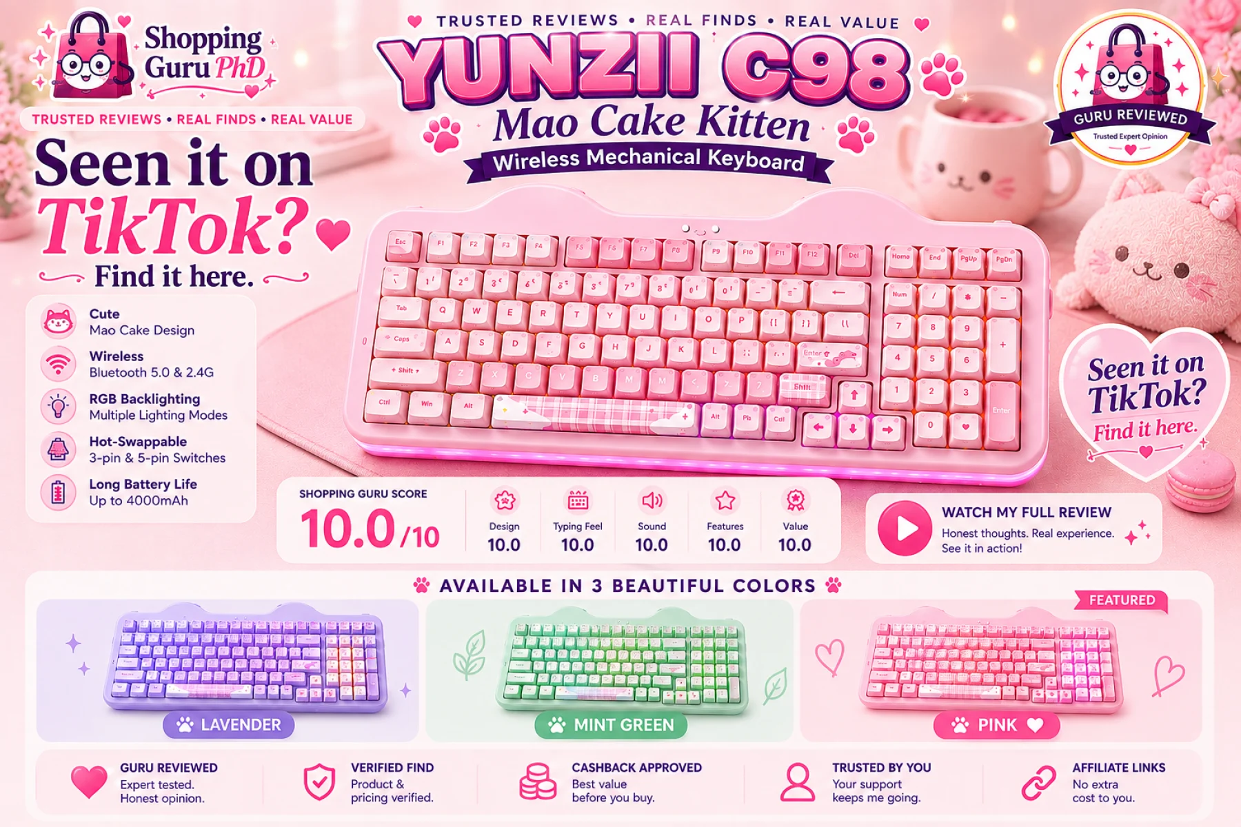 YUNZII C98 Mao Cake Kitten Wireless Mechanical Keyboard
